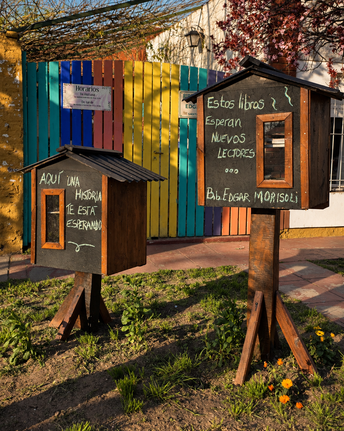 Casitas de intercambio de libros en la vereda de la biblioteca, con carteles que invitan a llevarse un libro
